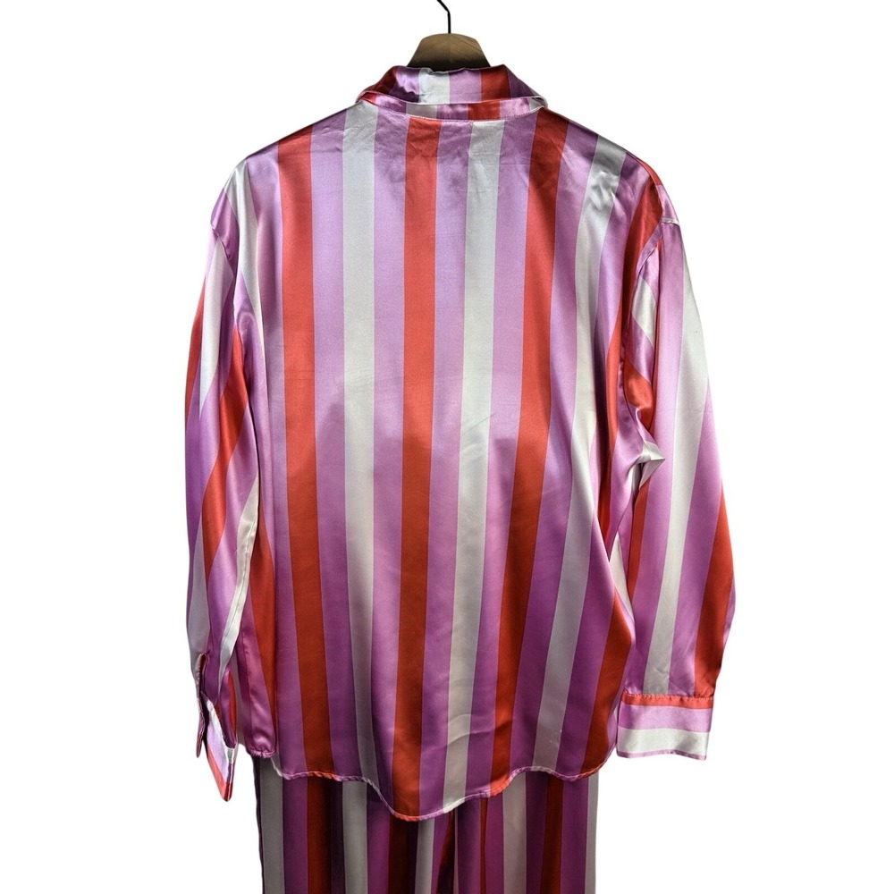 Ekouaer Silky PJ Set Women's Button Down Long Sleeve Top & Pants Pink Stripe L - Picture 3 of 6